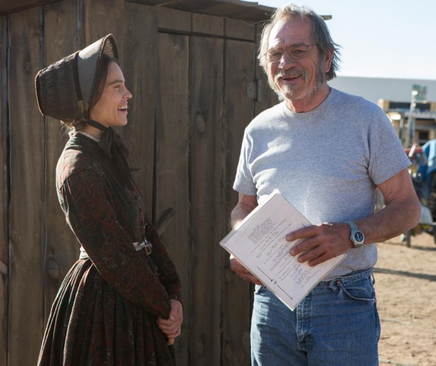 Hilary Swank and Tommy Lee Jones during the shooting the_homesman_screen_comment_3